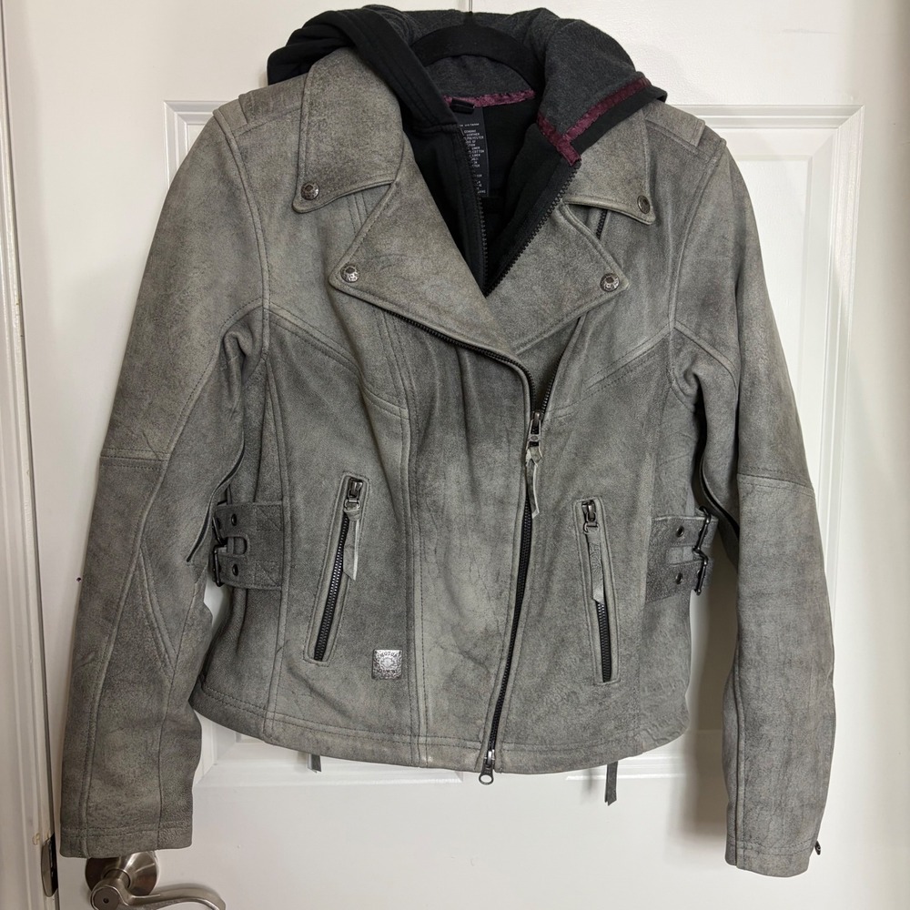 Harley-Davidson Womens Petite M Gray Lambskin Leather Jacket Removable Hood